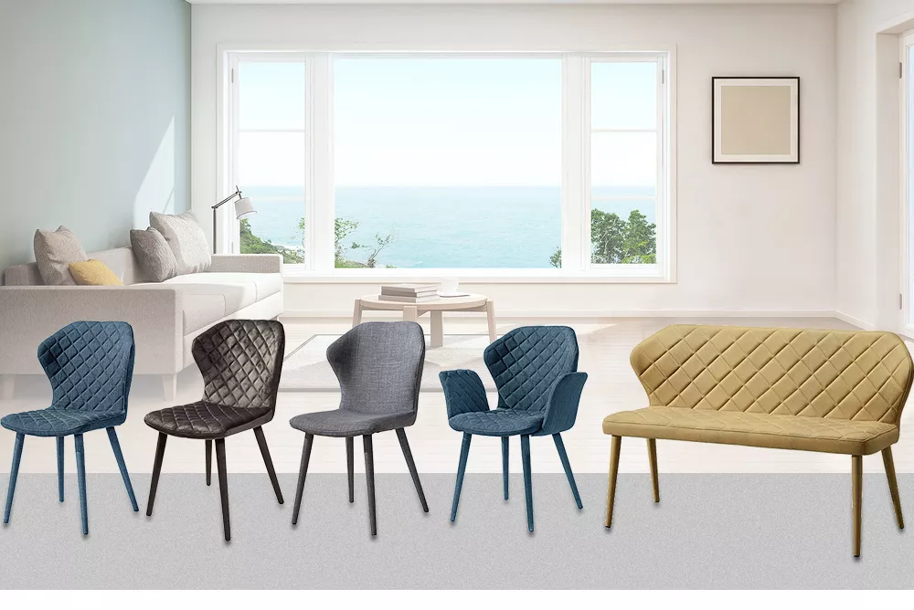 Dining Chair Fabric Seat&back Factory Good Price 2 Seat Sofa Covered Metal Frame Linen Unique Design Hot Sale Dining Bench Blue