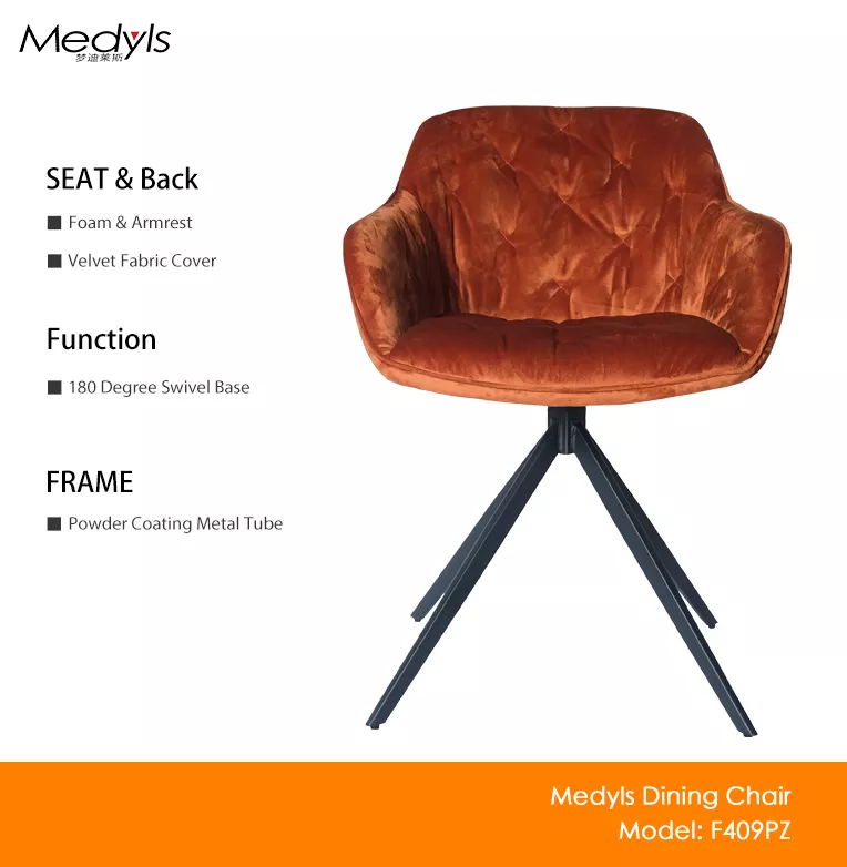 New Design Orange Velvet Embroider&180 Swivel Armchair Restaurant Dining Chair Hotel Dining Room Furniture PU Chair Modern